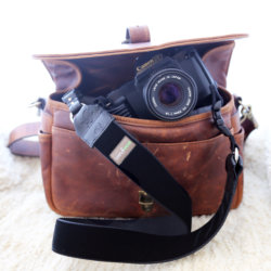 Black Velvet Black Leather Camera Strap in ONA bag