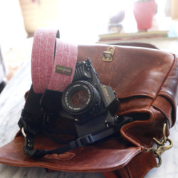 red linen camera strap