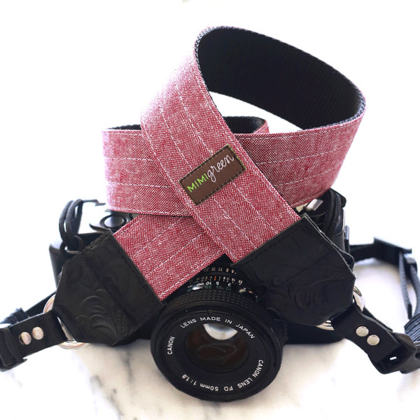 red linen camera strap
